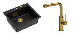 Quadron Unique Zlewozmywak granitowy jednokomorowy 57*50*22 cm MORGAN 110 PURE CARBON z syfonem Push-2-Open w kolorze złotym z baterią ANGELINA Q LINE z wyciąganą wylewką kolor złoty-DARMOWA DOSTAWA