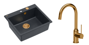 Quadron Unique Zlewozmywak granitowy jednokomorowy 57*50*22 cm MORGAN 110 BLACK DIAMOND z syfonem Push-2-Open w kolorze miedzianym z baterią INGRID Q LINE kolor miedziany-DARMOWA DOSTAWA