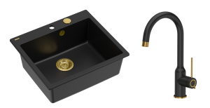 Quadron Unique Zlewozmywak granitowy jednokomorowy 57*50*22 cm MORGAN 110 PURE CARBON z syfonem Push-2-Open w kolorze złotym z baterią INGRID Q LINE PURE CARBON kolor czarny mat/wykończenie złote-DARMOWA DOSTAWA