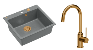 Quadron Unique Zlewozmywak granitowy jednokomorowy 57*50*22 cm MORGAN 110 SILVER STONE z syfonem Push-2-Open w kolorze miedzianym z baterią INGRID Q LINE kolor miedziany-DARMOWA DOSTAWA