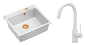 Quadron Unique Zlewozmywak granitowy jednokomorowy 57*50*22 cm MORGAN 110 SNOW WHITE z syfonem Push-2-Open w kolorze miedzianym z baterią INGRID Q LINE SNOW WHITE kolor biały mat-DARMOWA DOSTAWA