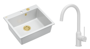 Quadron Unique Zlewozmywak granitowy jednokomorowy 57*50*22 cm MORGAN 110 SNOW WHITE z syfonem Push-2-Open w kolorze złotym z baterią INGRID Q LINE SNOW WHITE kolor biały mat-DARMOWA DOSTAWA