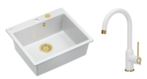 Quadron Unique Zlewozmywak granitowy jednokomorowy 57*50*22 cm MORGAN 110 SNOW WHITE z syfonem Push-2-Open w kolorze złotym z baterią INGRID Q LINE SNOW WHITE kolor biały mat/wykończenie złote-DARMOWA DOSTAWA