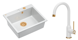 Quadron Unique Zlewozmywak granitowy jednokomorowy 57*50*22 cm MORGAN 110 SNOW WHITE z syfonem Push-2-Open w kolorze miedzianym z baterią INGRID Q LINE SNOW WHITE kolor biały mat/wykończenie miedź-DARMOWA DOSTAWA