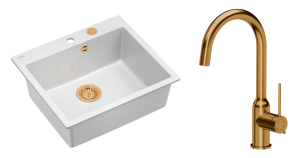 Quadron Unique Zlewozmywak granitowy jednokomorowy 57*50*22 cm MORGAN 110 SNOW WHITE z syfonem Push-2-Open w kolorze miedzianym z baterią INGRID Q LINE  kolor miedziany-DARMOWA DOSTAWA