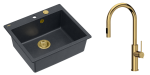 Quadron Unique Zlewozmywak granitowy jednokomorowy 57*50*22 cm MORGAN 110 BLACK DIAMOND z syfonem Push-2-Open w kolorze złotym z baterią JENNIFER Q LINE SLIM z wyciąganą wylewką i funkcją prysznica kolor złoty-DARMOWA DOSTAWA