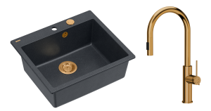 Quadron Unique Zlewozmywak granitowy jednokomorowy 57*50*22 cm MORGAN 110 BLACK DIAMOND z syfonem Push-2-Open w kolorze miedzianym z baterią JENNIFER Q LINE SLIM  z wyciąganą wylewką i funkcją prysznica kolor miedziany-DARMOWA DOSTAWA