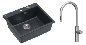 Quadron Unique Zlewozmywak granitowy jednokomorowy 57*50*22 cm MORGAN 110 BLACK DIAMOND z syfonem Push-2-Open w kolorze stalowym z baterią JENNIFER Q LINE SLIM z wyciąganą wylewką i funkcją prysznica kolor stal szczotkowana-DARMOWA DOSTAWA