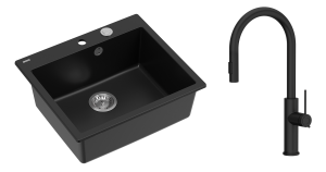 Quadron Unique Zlewozmywak granitowy jednokomorowy 57*50*22 cm MORGAN 110 PURE CARBON z syfonem Push-2-Open w kolorze stalowym  z baterią JENNIFER Q LINE SLIM  PURE CARBON z wyciąganą wylewką i funkcją prysznica kolor czarny mat-DARMOWA DOSTAWA