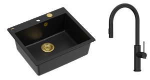 Quadron Unique Zlewozmywak granitowy jednokomorowy 57*50*22 cm MORGAN 110 PURE CARBON z syfonem Push-2-Open w kolorze złotym z baterią JENNIFER Q LINE SLIM  PURE CARBON z wyciąganą wylewką i funkcją prysznica kolor czarny mat-DARMOWA DOSTAWA