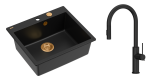 Quadron Unique Zlewozmywak granitowy jednokomorowy 57*50*22 cm MORGAN 110 PURE CARBON  z syfonem Push-2-Open w kolorze miedzianym z baterią JENNIFER Q LINE SLIM  PURE CARBON z wyciąganą wylewką i funkcją prysznica kolor czarny mat-DARMOWA DOSTAWA