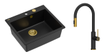 Quadron Unique Zlewozmywak granitowy jednokomorowy 57*50*22 cm MORGAN 110 PURE CARBON z syfonem Push-2-Open w kolorze złotym z baterią JENNIFER Q LINE SLIM  PURE CARBON z wyciąganą wylewką i funkcją prysznica czarny mat/wykończenie złote-DARMOWA DOSTAWA