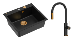 Quadron Unique Zlewozmywak granitowy jednokomorowy 57*50*22 cm MORGAN 110 PURE CARBON  z syfonem Push-2-Open w kolorze miedzianym z baterią JENNIFER Q LINE SLIM  PURE CARBON z wyciąganą wylewką i funkcją prysznica czarny mat/ miedź-DARMOWA DOSTAWA