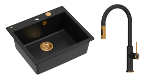 Quadron Unique Zlewozmywak granitowy jednokomorowy 57*50*22 cm MORGAN 110 PURE CARBON  z syfonem Push-2-Open w kolorze miedzianym z baterią JENNIFER Q LINE SLIM  PURE CARBON z wyciąganą wylewką i funkcją prysznica czarny mat/ miedź-DARMOWA DOSTAWA