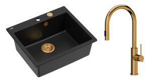 Quadron Unique Zlewozmywak granitowy jednokomorowy 57*50*22 cm MORGAN 110 PURE CARBON  z syfonem Push-2-Open w kolorze miedzianym z baterią JENNIFER Q LINE SLIM  z wyciąganą wylewką i funkcją prysznica kolor miedziany-DARMOWA DOSTAWA