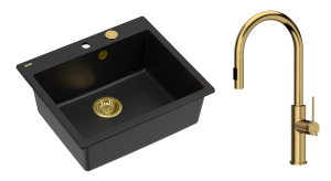 Quadron Unique Zlewozmywak granitowy jednokomorowy 57*50*22 cm MORGAN 110 PURE CARBON z syfonem Push-2-Open w kolorze złotym z baterią JENNIFER Q LINE SLIM  z wyciąganą wylewką i funkcją prysznica kolor złoty-DARMOWA DOSTAWA