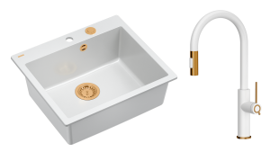 Quadron Unique Zlewozmywak granitowy jednokomorowy 57*50*22 cm MORGAN 110 SNOW WHITE z syfonem Push-2-Open w kolorze miedzianym z baterią JENNIFER Q LINE SLIM  SNOW WHITE z wyciąganą wylewką i funkcją prysznica biały mat/wykończenie miedź-DARMOWA DOSTAWA