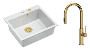 Quadron Unique Zlewozmywak granitowy jednokomorowy 57*50*22 cm MORGAN 110 SNOW WHITE z syfonem Push-2-Open w kolorze złotym z baterią JENNIFER Q LINE SLIM  z wyciąganą wylewką i funkcją prysznica kolor złoty-DARMOWA DOSTAWA