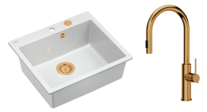 Quadron Unique Zlewozmywak granitowy jednokomorowy 57*50*22 cm MORGAN 110 SNOW WHITE z syfonem Push-2-Open w kolorze miedzianym z baterią JENNIFER Q LINE SLIM  z wyciąganą wylewką i funkcją prysznica kolor miedziany-DARMOWA DOSTAWA