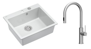 Quadron Unique Zlewozmywak granitowy jednokomorowy 57*50*22 cm MORGAN 110 SNOW WHITE z syfonem Push-2-Open w kolorze stalowym z baterią JENNIFER Q LINE SLIM  z wyciąganą wylewką i funkcją prysznica kolor stal szczotkowana-DARMOWA DOSTAWA