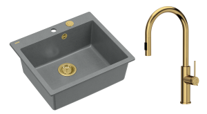 Quadron Unique Zlewozmywak granitowy jednokomorowy 57*50*22 cm MORGAN 110 SILVER STONE z syfonem Push-2-Open w kolorze złotym z baterią JENNIFER Q LINE SLIM  z wyciąganą wylewką i funkcją prysznica kolor złoty-DARMOWA DOSTAWA