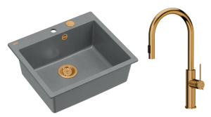 Quadron Unique Zlewozmywak granitowy jednokomorowy 57*50*22 cm MORGAN 110 SILVER STONE z syfonem Push-2-Open w kolorze miedzianym z baterią JENNIFER Q LINE SLIM  z wyciąganą wylewką i funkcją prysznica kolor miedziany-DARMOWA DOSTAWA