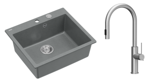 Quadron Unique Zlewozmywak granitowy jednokomorowy 57*50*22 cm MORGAN 110 SILVER STONE z syfonem Push-2-Open w kolorze stalowym z baterią  JENNIFER Q LINE SLIM  z wyciąganą wylewką i funkcją prysznica kolor stal szczotkowana-DARMOWA DOSTAWA