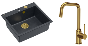 Quadron Unique Zlewozmywak granitowy jednokomorowy 57*50*22 cm MORGAN 110 BLACK DIAMOND z syfonem Push-2-Open w kolorze złotym z baterią NATALIE Q LINE kolor złoty-DARMOWA DOSTAWA