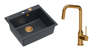Quadron Unique Zlewozmywak granitowy jednokomorowy 57*50*22 cm MORGAN 110 BLACK DIAMOND z syfonem Push-2-Open w kolorze miedzianym z baterią NATALIE Q LINE kolor miedziany-DARMOWA DOSTAWA