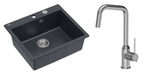 Quadron Unique Zlewozmywak granitowy jednokomorowy 57*50*22 cm MORGAN 110 BLACK DIAMOND z syfonem Push-2-Open w kolorze stalowym z baterią NATALIE Q LINE kolor stal szczotkowana-DARMOWA DOSTAWA