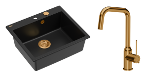 Quadron Unique Zlewozmywak granitowy jednokomorowy 57*50*22 cm MORGAN 110 PURE CARBON  z syfonem Push-2-Open w kolorze miedzianym z baterią NATALIE Q LINE kolor miedziany-DARMOWA DOSTAWA