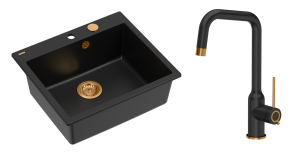Quadron Unique Zlewozmywak granitowy jednokomorowy 57*50*22 cm MORGAN 110 PURE CARBON  z syfonem Push-2-Open w kolorze miedzianym z baterią NATALIE Q LINE PURE CARBON kolor czarny mat/ wykończenie miedź-DARMOWA DOSTAWA