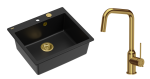 Quadron Unique Zlewozmywak granitowy jednokomorowy 57*50*22 cm MORGAN 110 PURE CARBON z syfonem Push-2-Open w kolorze złotym z baterią NATALIE Q LINE kolor złoty-DARMOWA DOSTAWA