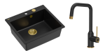 Quadron Unique Zlewozmywak granitowy jednokomorowy 57*50*22 cm MORGAN 110 PURE CARBON z syfonem Push-2-Open w kolorze złotym z baterią NATALIE Q LINE PURE CARBON kolor czarny mat/wykończenie złote-DARMOWA DOSTAWA
