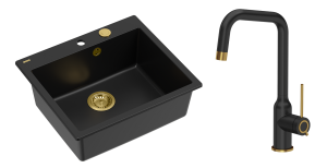 Quadron Unique Zlewozmywak granitowy jednokomorowy 57*50*22 cm MORGAN 110 PURE CARBON z syfonem Push-2-Open w kolorze złotym z baterią NATALIE Q LINE PURE CARBON kolor czarny mat/wykończenie złote-DARMOWA DOSTAWA