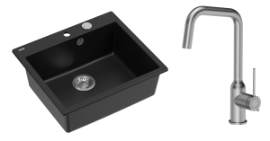 Quadron Unique Zlewozmywak granitowy jednokomorowy 57*50*22 cm MORGAN 110 PURE CARBON z syfonem Push-2-Open w kolorze stalowym z baterią NATALIE Q LINE kolor stal szczotkowana-DARMOWA DOSTAWA