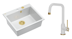 Quadron Unique Zlewozmywak granitowy jednokomorowy 57*50*22 cm MORGAN 110 SNOW WHITE z syfonem Push-2-Open w kolorze złotym z baterią NATALIE Q LINE SNOW WHITE kolor biały mat/wykończenie złote-DARMOWA DOSTAWA