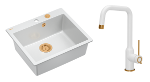 Quadron Unique Zlewozmywak granitowy jednokomorowy 57*50*22 cm MORGAN 110 SNOW WHITE z syfonem Push-2-Open w kolorze miedzianym z baterią NATALIE Q LINE SNOW WHITE kolor biały mat/wykończenie miedź-DARMOWA DOSTAWA