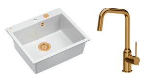 Quadron Unique Zlewozmywak granitowy jednokomorowy 57*50*22 cm MORGAN 110 SNOW WHITE z syfonem Push-2-Open w kolorze miedzianym z baterią NATALIE Q LINE kolor miedziany-DARMOWA DOSTAWA