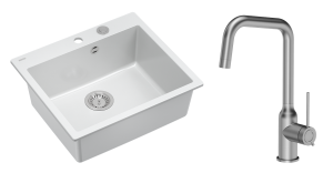 Quadron Unique Zlewozmywak granitowy jednokomorowy 57*50*22 cm MORGAN 110 SNOW WHITE z syfonem Push-2-Open w kolorze stalowym z baterią NATALIE Q LINE kolor stal szczotkowana-DARMOWA DOSTAWA