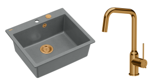 Quadron Unique Zlewozmywak granitowy jednokomorowy 57*50*22 cm MORGAN 110 SILVER STONE z syfonem Push-2-Open w kolorze miedzianym  z baterią NATALIE Q LINE kolor miedziany-DARMOWA DOSTAWA