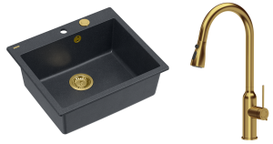 Quadron Unique Zlewozmywak granitowy jednokomorowy 57*50*22 cm MORGAN 110 BLACK DIAMOND z syfonem Push-2-Open w kolorze złotym z baterią JESSICA Q LINE z wyciąganą wylewką i funkcją prysznica kolor złoty-DARMOWA DOSTAWA