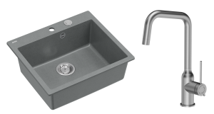 Quadron Unique Zlewozmywak granitowy jednokomorowy 57*50*22 cm MORGAN 110 SILVER STONE z syfonem Push-2-Open w kolorze stalowym z baterią NATALIE Q LINE kolor stal szczotkowana-DARMOWA DOSTAWA