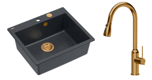 Quadron Unique Zlewozmywak granitowy jednokomorowy 57*50*22 cm MORGAN 110 BLACK DIAMOND z syfonem Push-2-Open w kolorze miedzianym odpływem z baterią JESSICA Q LINE z wyciąganą wylewką i funkcją prysznica kolor miedziany-DARMOWA DOSTAWA