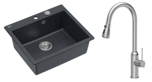 Quadron Unique Zlewozmywak granitowy jednokomorowy 57*50*22 cm MORGAN 110 BLACK DIAMOND z syfonem Push-2-Open w kolorze stalowym z baterią JESSICA Q LINE z wyciąganą wylewką i funkcją prysznica kolor stal szczotkowana-DARMOWA DOSTAWA