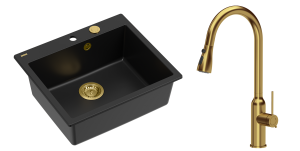 Quadron Unique Zlewozmywak granitowy jednokomorowy 57*50*22 cm MORGAN 110 PURE CARBON z syfonem Push-2-Open w kolorze złotym z baterią JESSICA Q LINE z wyciąganą wylewką i funkcją prysznica kolor złoty-DARMOWA DOSTAWA