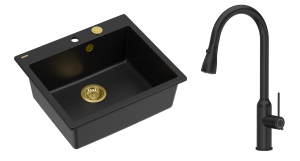 Quadron Unique Zlewozmywak granitowy jednokomorowy 57*50*22 cm MORGAN 110 PURE CARBON z syfonem Push-2-Open w kolorze złotym z baterią JESSICA Q LINE PURE CARBON z wyciąganą wylewką i funkcją prysznica kolor czarny mat-DARMOWA DOSTAWA