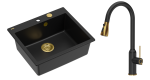 Quadron Unique Zlewozmywak granitowy jednokomorowy 57*50*22 cm MORGAN 110 PURE CARBON z syfonem Push-2-Open w kolorze złotym z baterią JESSICA Q LINE PURE CARBON z wyciąganą wylewką i funkcją prysznica kolor czarny mat/wykończenie złote-DARMOWA DOSTAWA