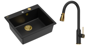 Quadron Unique Zlewozmywak granitowy jednokomorowy 57*50*22 cm MORGAN 110 PURE CARBON z syfonem Push-2-Open w kolorze złotym z baterią JESSICA Q LINE PURE CARBON z wyciąganą wylewką i funkcją prysznica kolor czarny mat/wykończenie złote-DARMOWA DOSTAWA