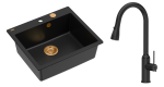 Quadron Unique Zlewozmywak granitowy jednokomorowy 57*50*22 cm MORGAN 110 PURE CARBON  z syfonem Push-2-Open w kolorze miedzianym z baterią JESSICA Q LINE PURE CARBON z wyciąganą wylewką i funkcją prysznica kolor czarny mat-DARMOWA DOSTAWA